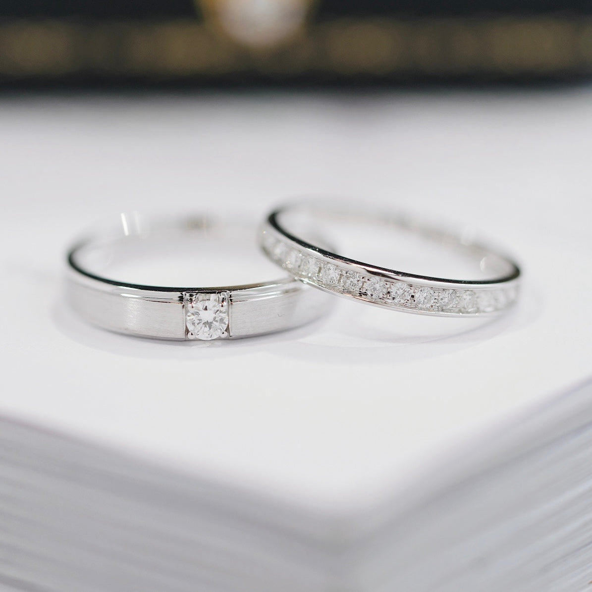 Solitaire/Half Circle Natural Diamond Couple Rings in 18K Gold