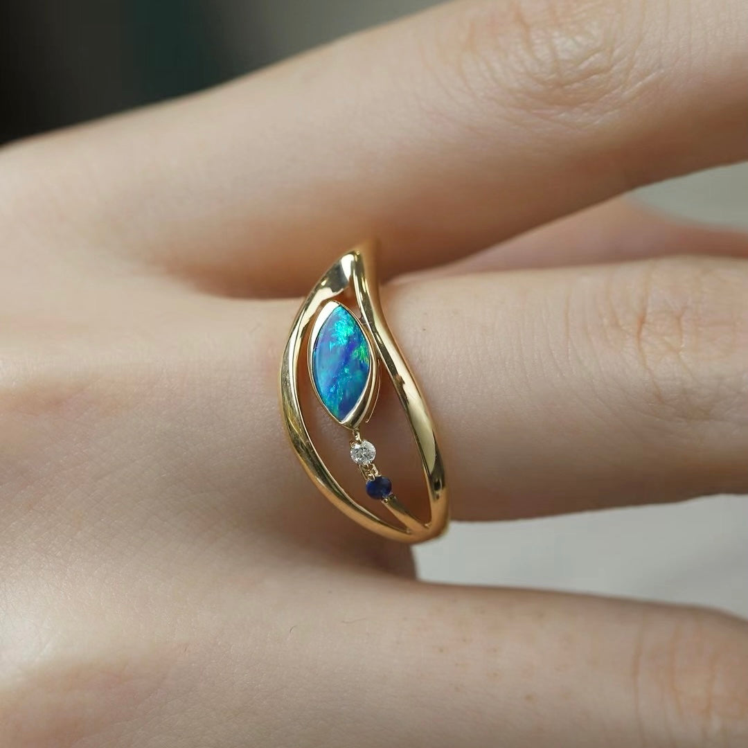 Natural Opal & Natural Diamond Ring in 18K Yellow Gold
