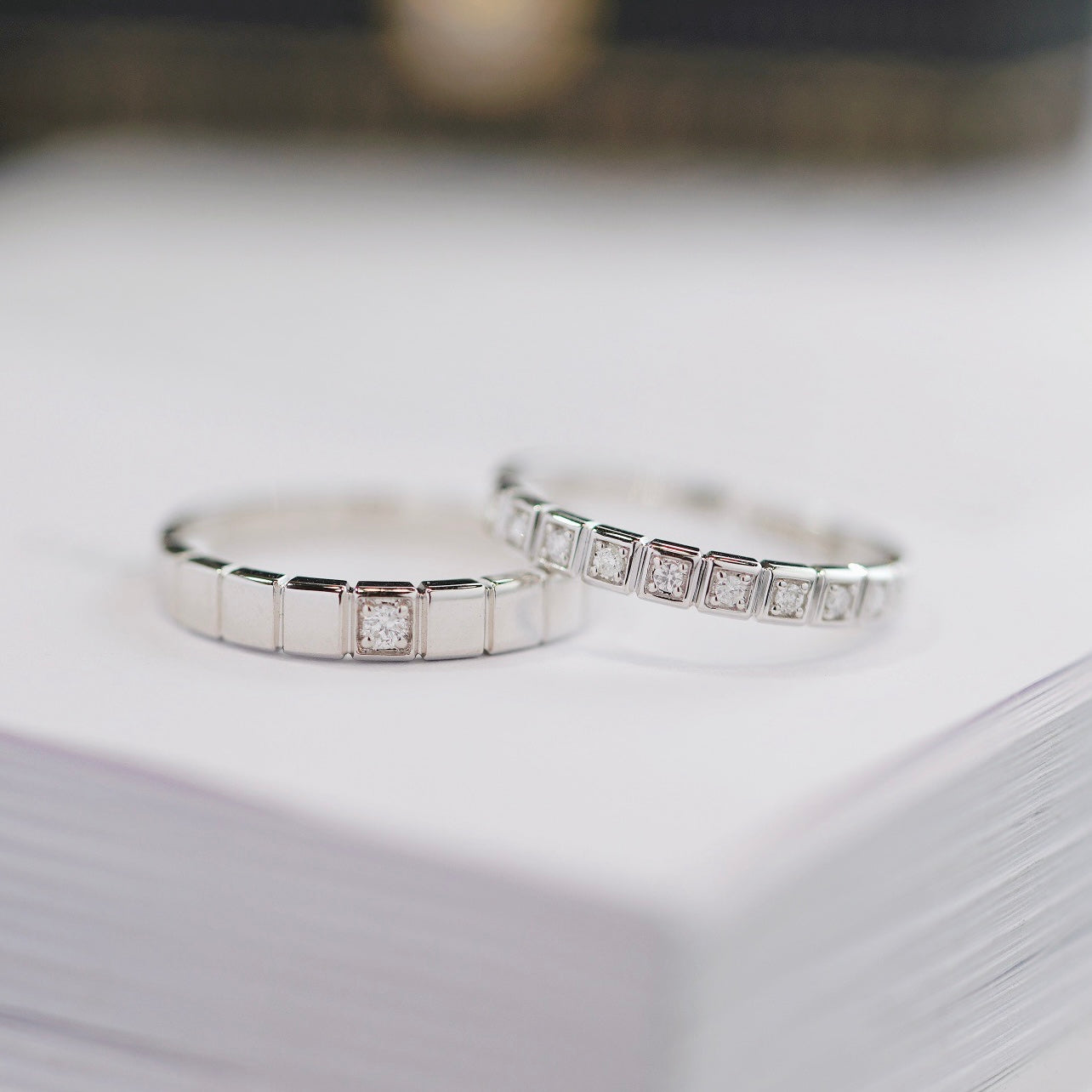 Small Squares Natural Diamond Couple Rings in 18K Gold