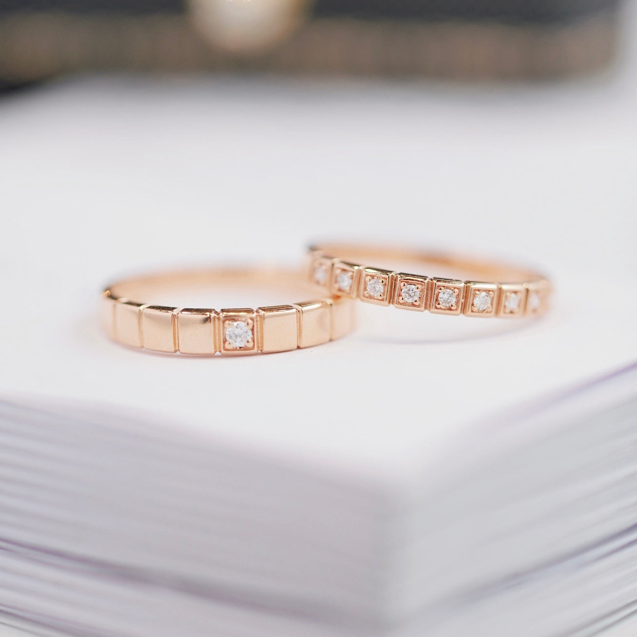 Small Squares Natural Diamond Couple Rings in 18K Gold