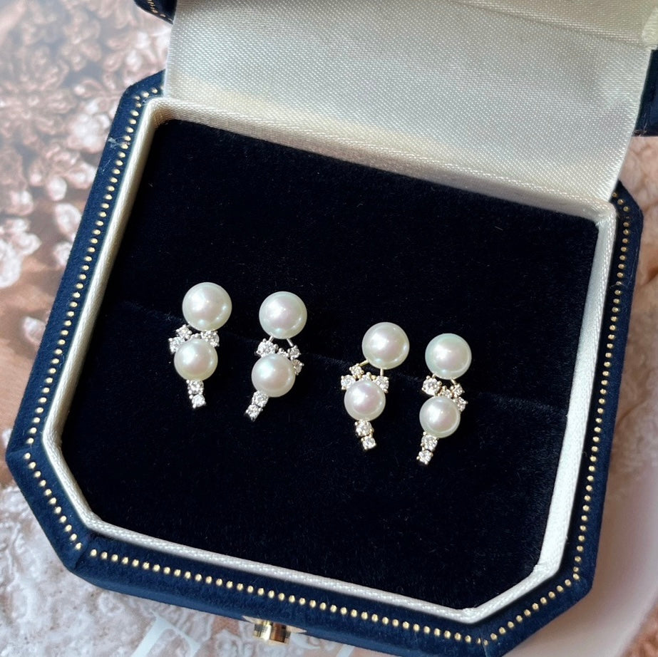 Freshwater Pearl with Natural Diamond Chain Earrings/Necklace in 18K Gold