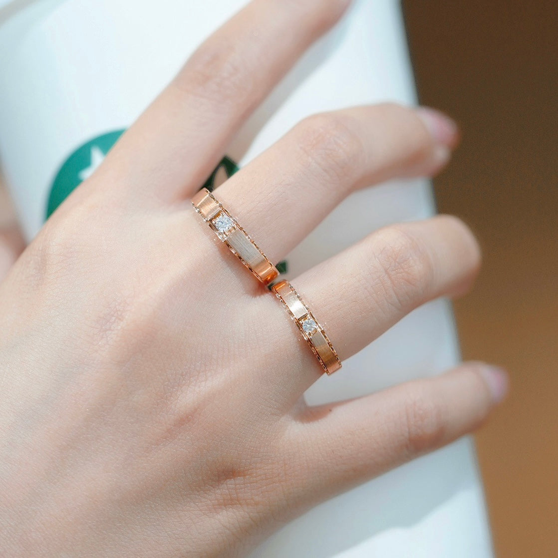 Solitaire Wave Natural Diamond Couple Rings in 18K Gold