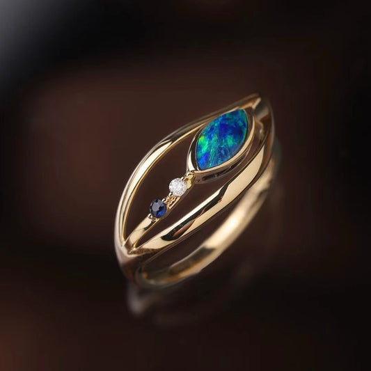 Natural Opal & Natural Diamond Ring in 18K Yellow Gold