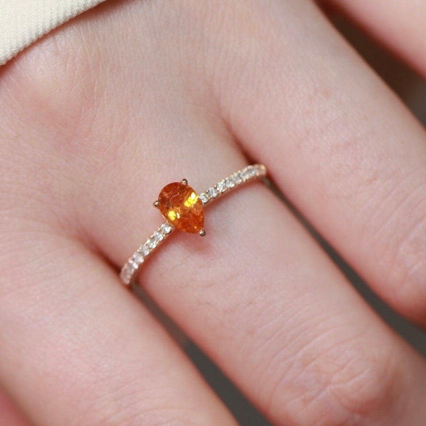 Pear-Shaped Natural Spessartine with Natural Diamond Ring in 18K Gold