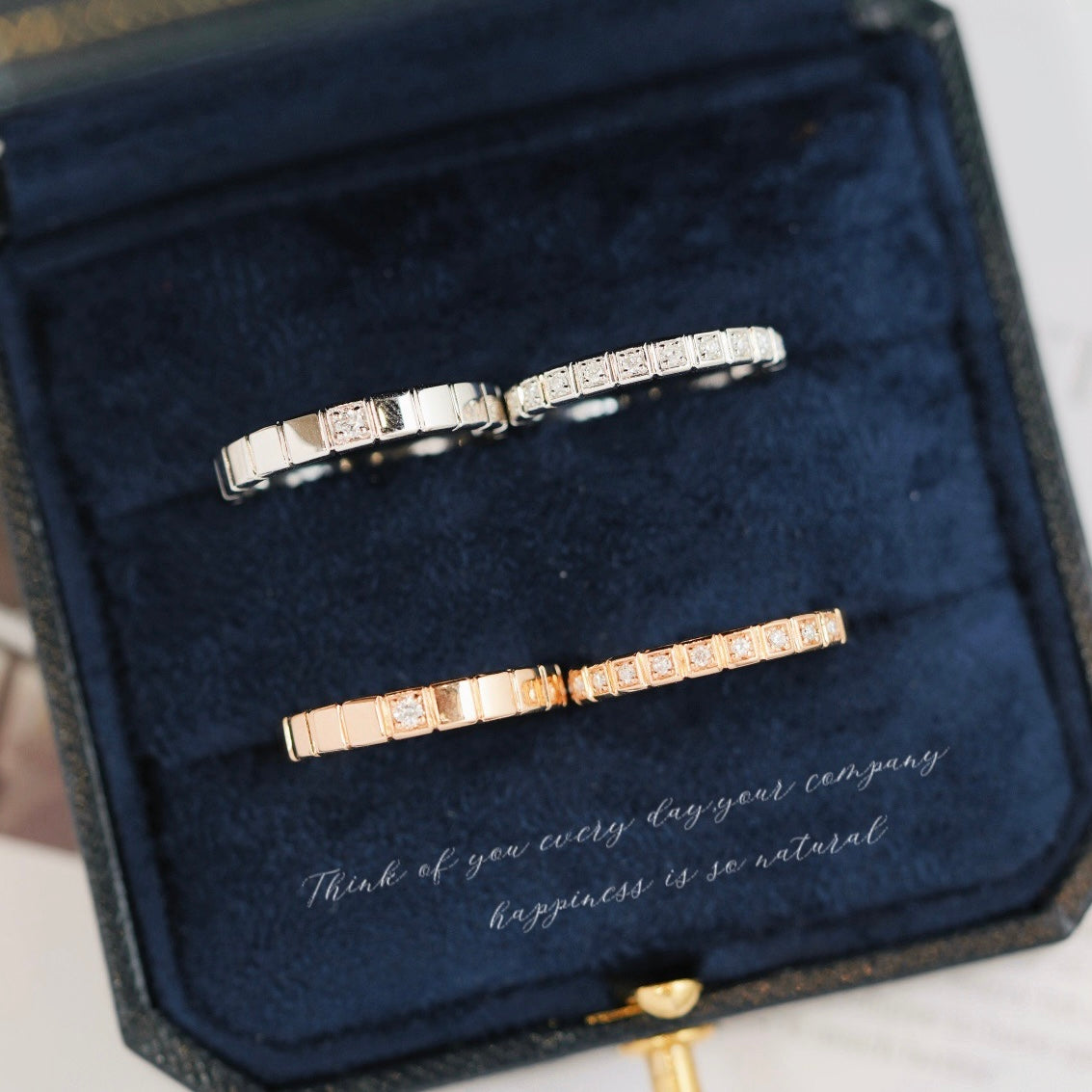 Small Squares Natural Diamond Couple Rings in 18K Gold