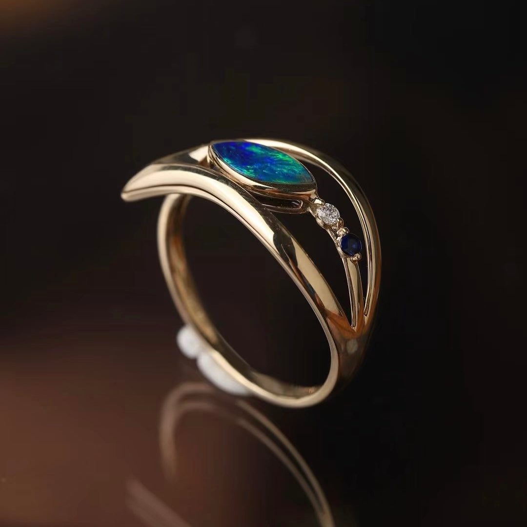 Natural Opal & Natural Diamond Ring in 18K Yellow Gold