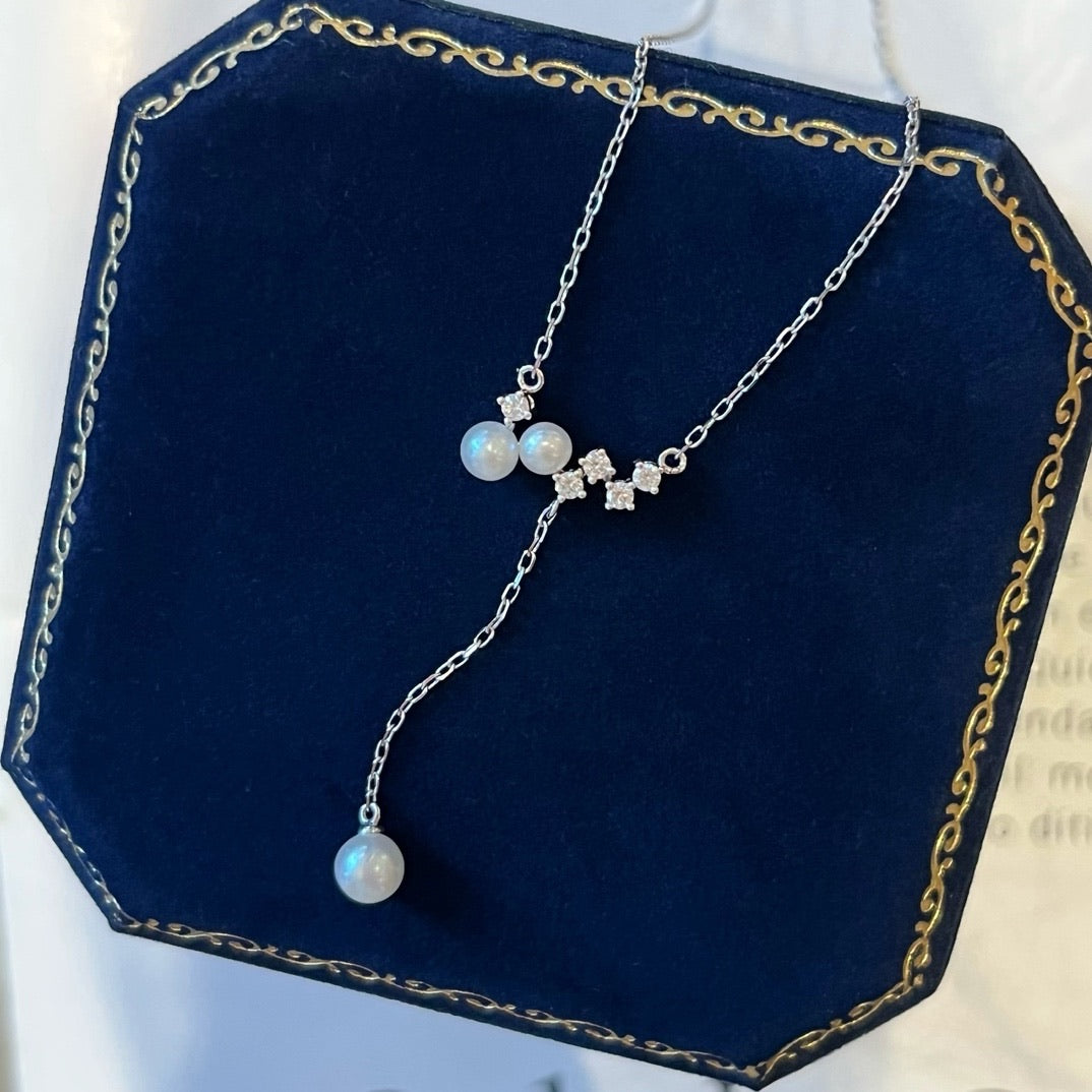 Freshwater Pearl with Natural Diamond Chain Earrings/Necklace in 18K Gold