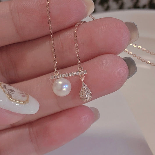 Drop-Shaped Natural Diamond with Seawater Pearl Necklace in 18K Gold