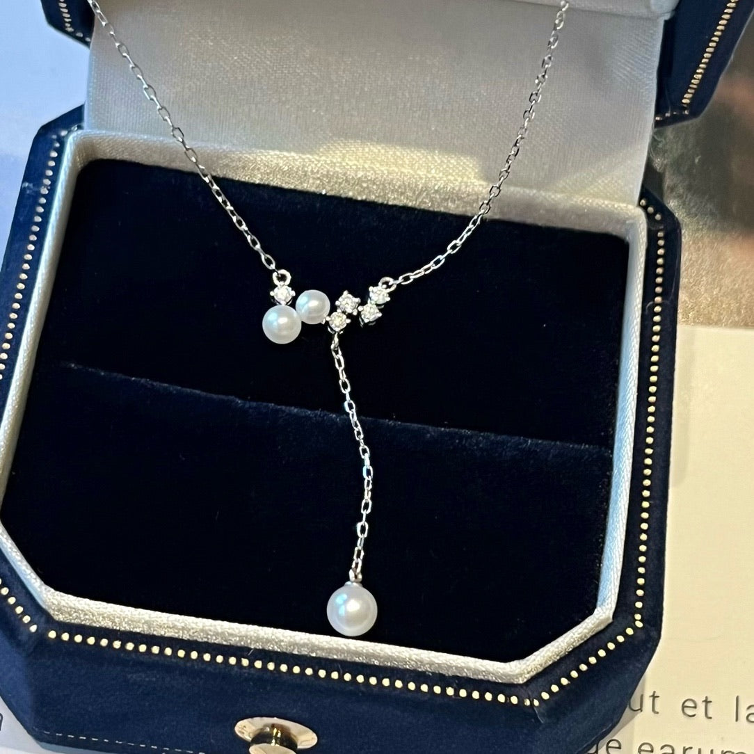 Freshwater Pearl with Natural Diamond Chain Earrings/Necklace in 18K Gold