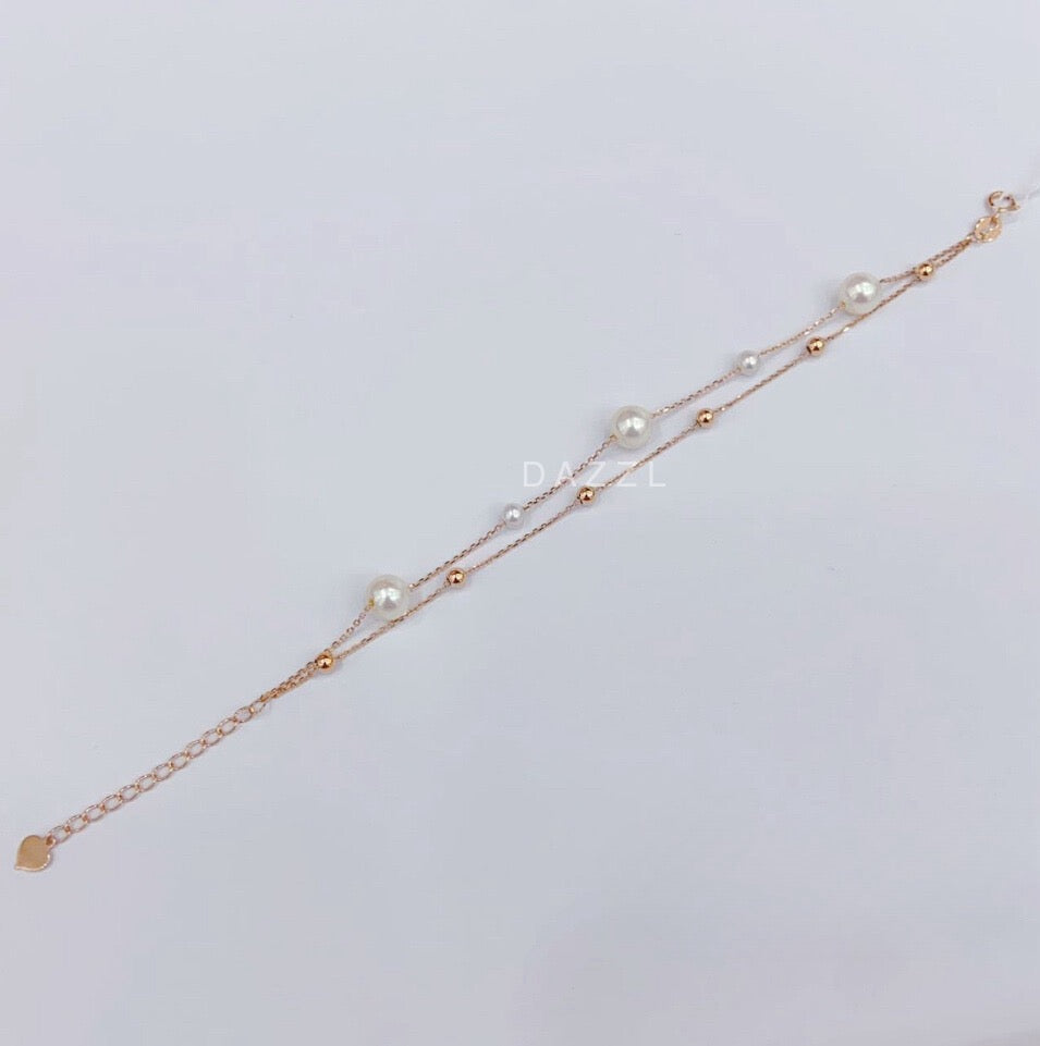 Small Gold Balls & Freshwater Pearl Double Bracelet in 18K Rose Gold