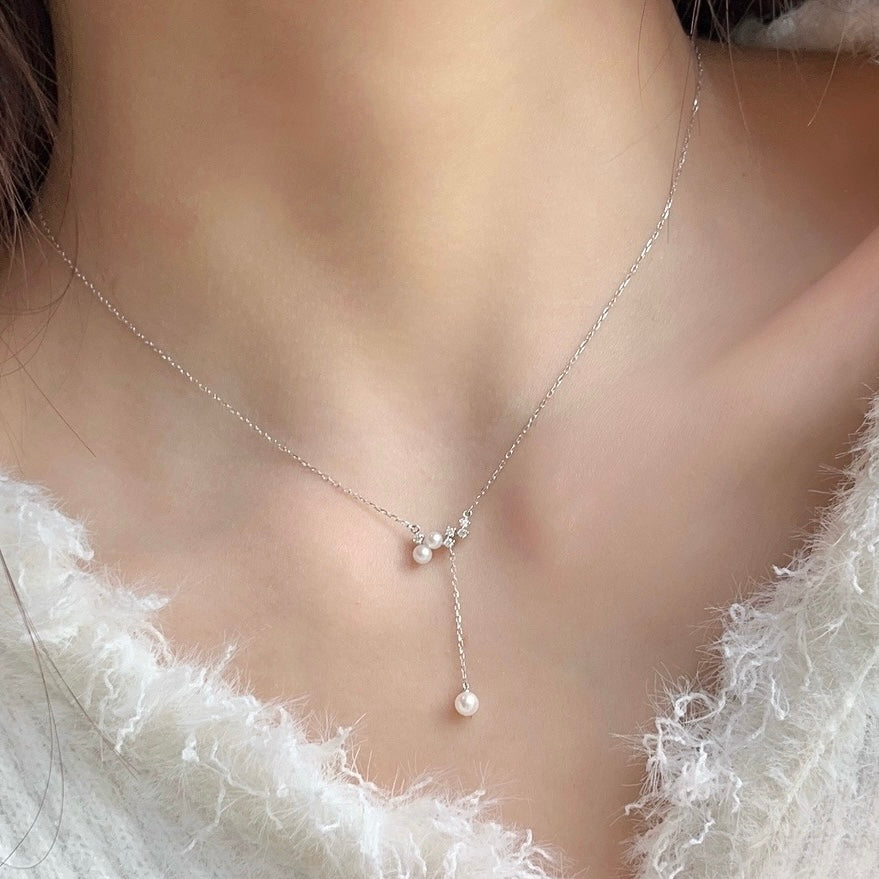 Freshwater Pearl with Natural Diamond Chain Earrings/Necklace in 18K Gold