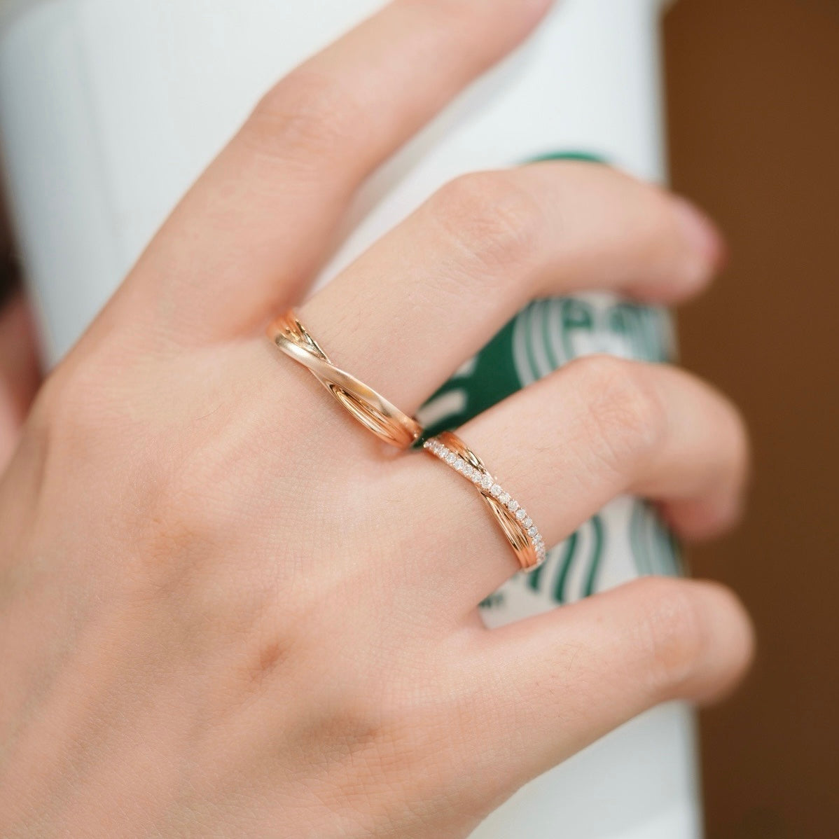 Mini Cross Natural Diamond Couple Rings in 18K Gold