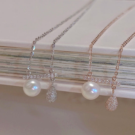 Drop-Shaped Natural Diamond with Seawater Pearl Necklace in 18K Gold
