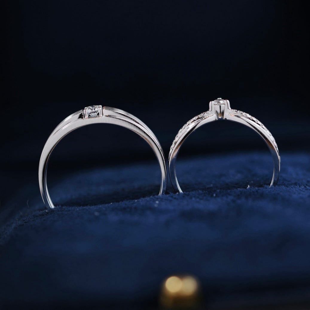 Solitaire/ V-Shaped Natural Diamond Couple Rings in 18K Gold