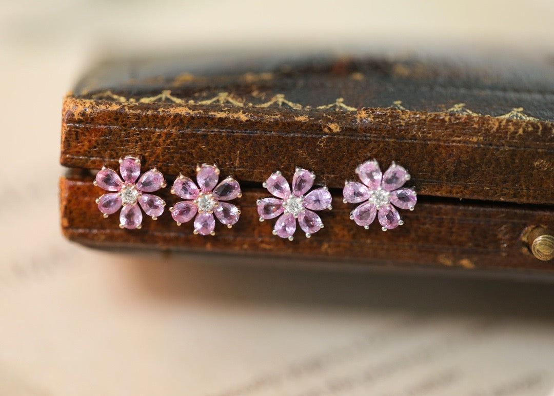 Pinkish Sapphire & Natural Diamond Earrings in 18K Gold