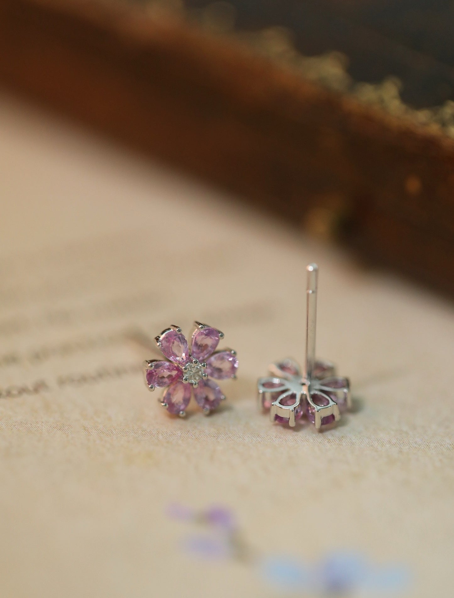 Pinkish Sapphire & Natural Diamond Earrings in 18K Gold