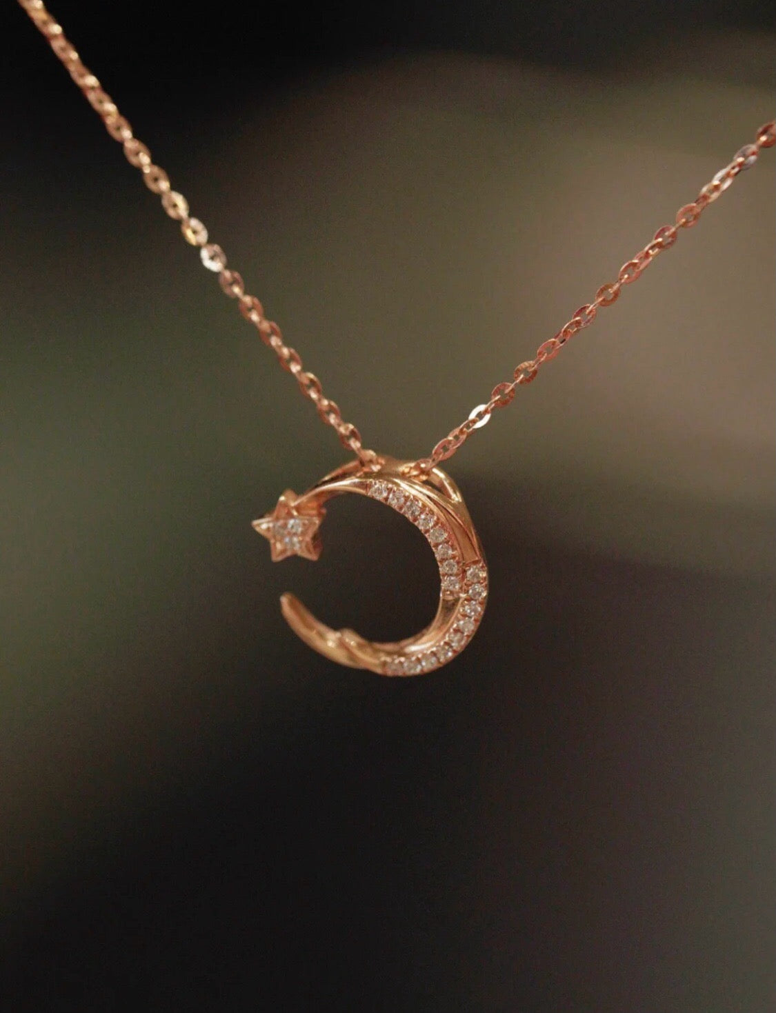 Star & moon Natural Diamond Necklace in 18K Gold