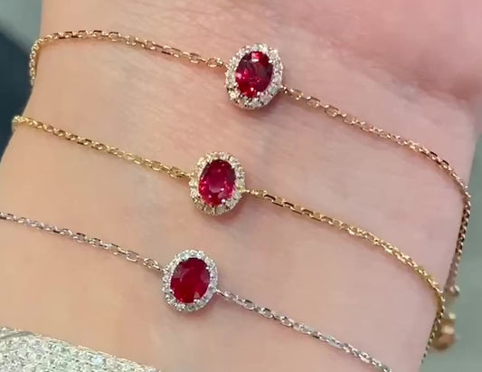 18K Gold Natural Ruby Surrounded by Natural Diamond bracelet