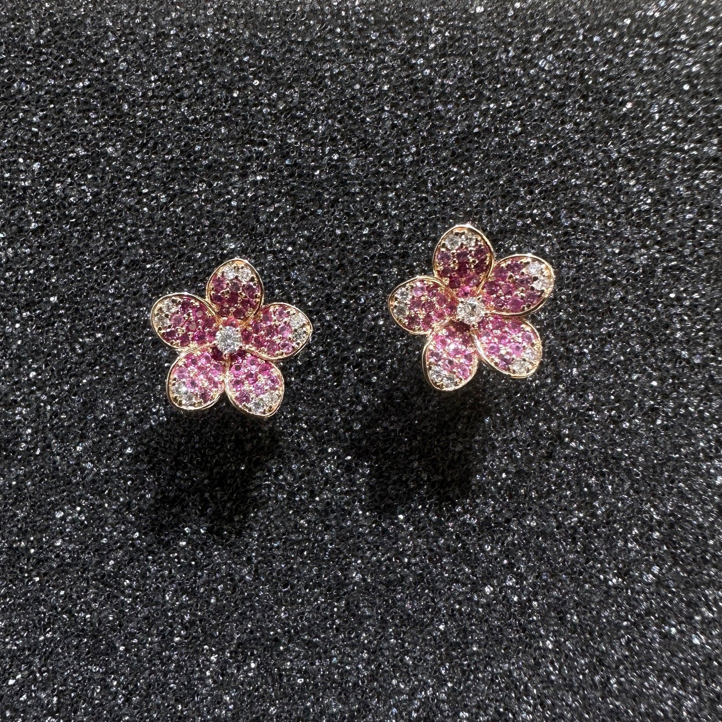 Flower-Shaped Natural Pink Sapphire & Natural Diamond Earrings in 18K Yellow Gold