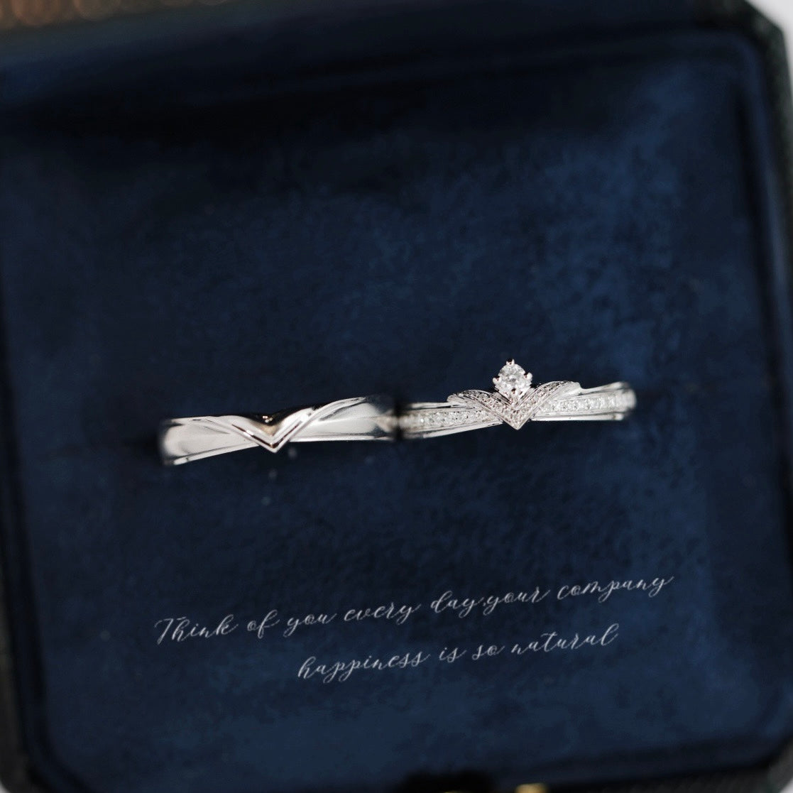 V-Shaped Natural Diamond Couple Rings in 18K White Gold