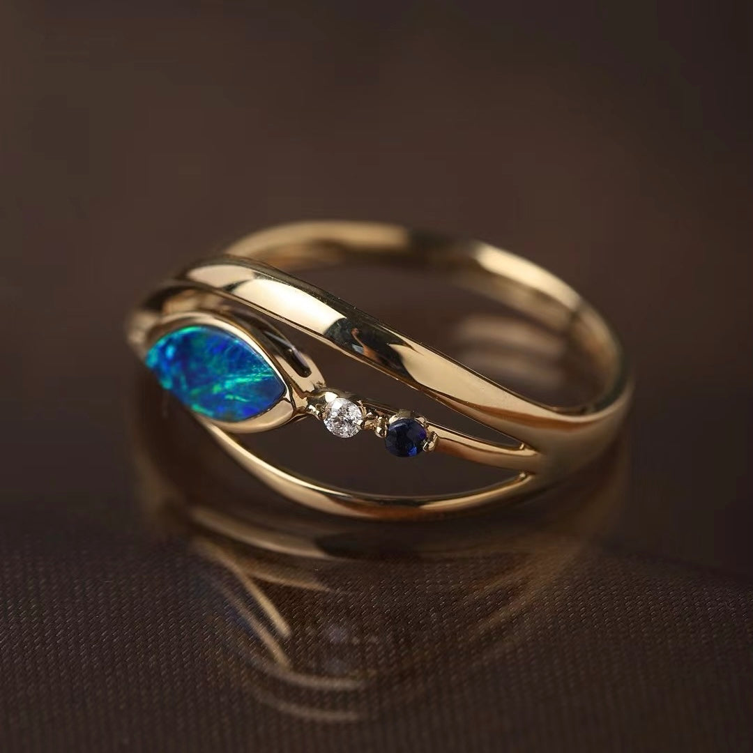 Natural Opal & Natural Diamond Ring in 18K Yellow Gold