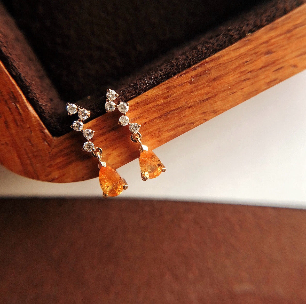 Pear-Shaped Natural Spessartine with Natural Diamond Earrings in 18K Yellow Gold