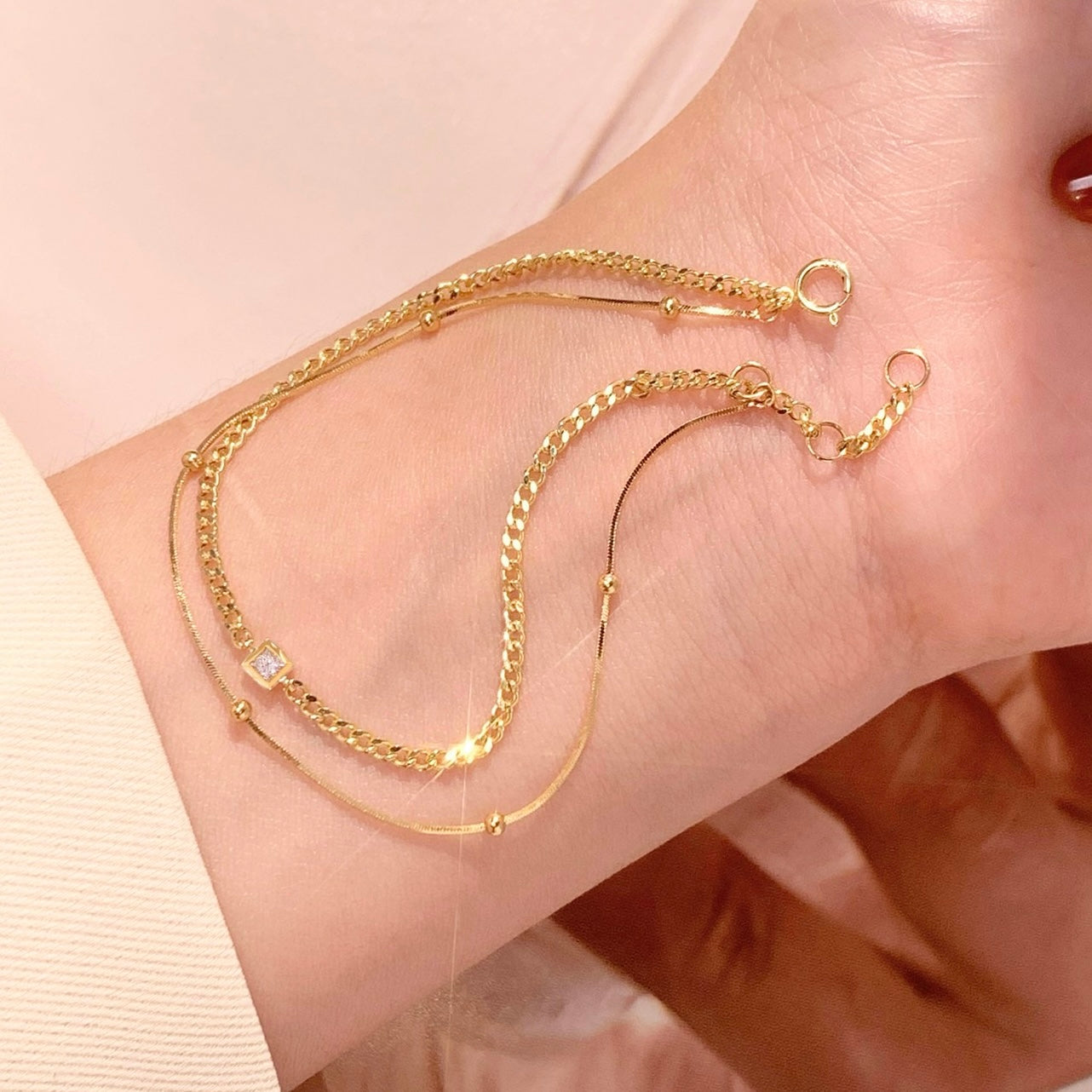 Double Snake Chain & Cuban Chain Natural Diamond Bracelet in 18K Yellow Gold