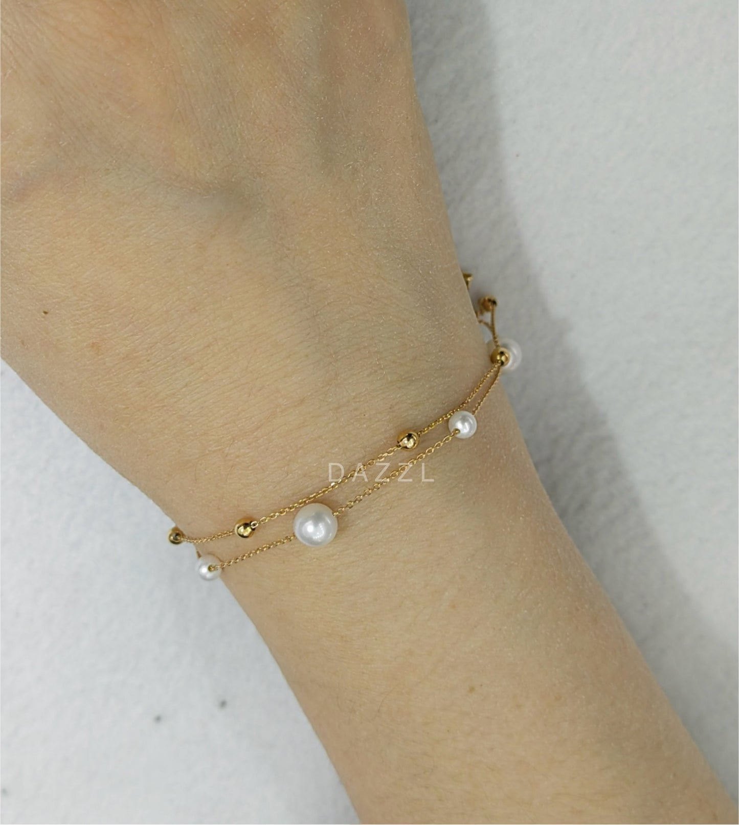 Small Gold Balls & Freshwater Pearl Double Bracelet in 18K Rose Gold