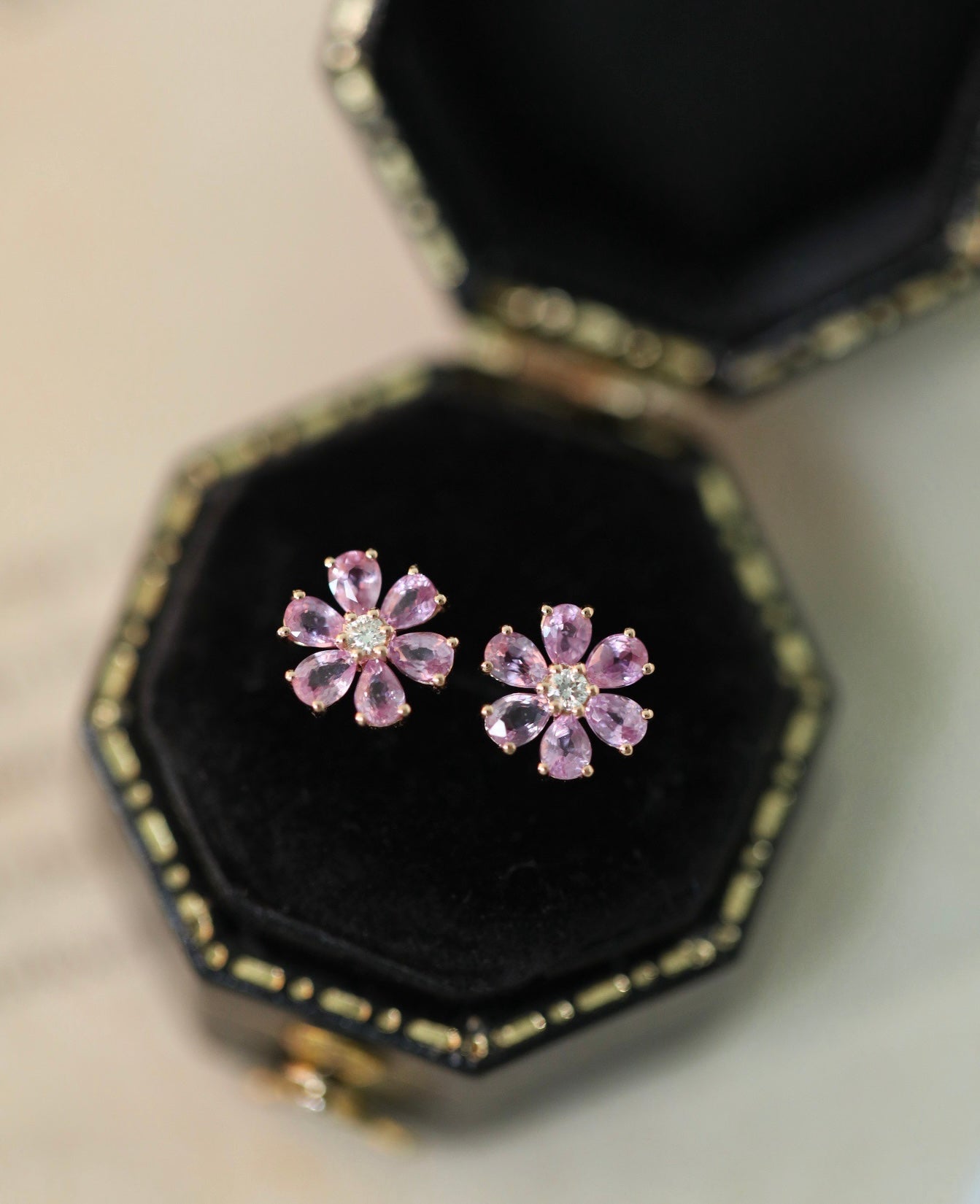 Pinkish Sapphire & Natural Diamond Earrings in 18K Gold
