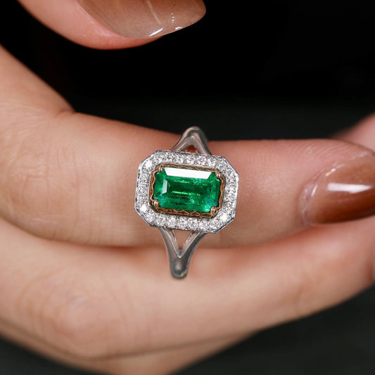 1.07ct Natural Emerald with 0.22ct Natural Diamonds Y shape Ring in 18K gold