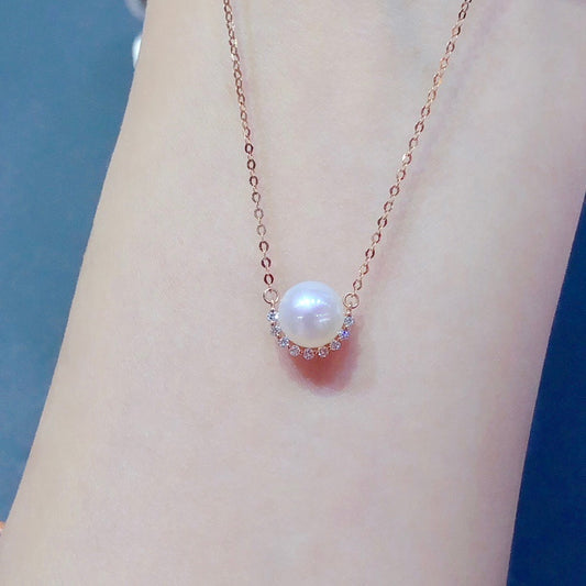 18K Rose Gold Freshwater Pearl with Natural Diamond Necklace